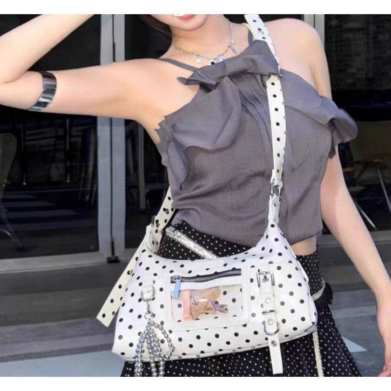 Retro oil wax leather crossbody bag, contrasting polka dot mini armpit bag, girls' shoulder bag