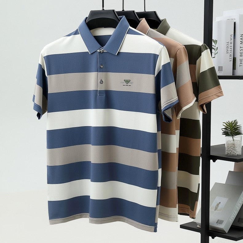 luxury wide stripe color blocked short sleeve polo shirt high-end brand letter embossed T-shirt fashion breathable men's wear