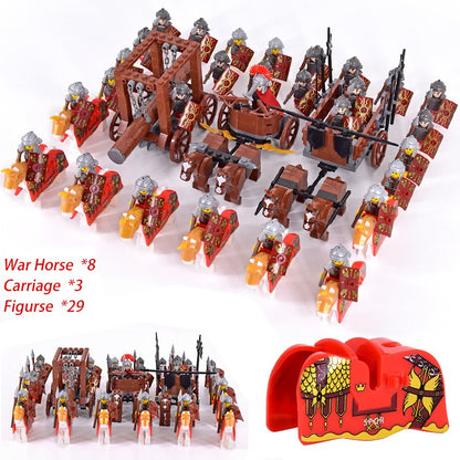 Castelo Medieval Cavaleiros Guerreiros Espartanos Cruzados Legião Romana Infantaria Cavalo de Guerra Carruagem Blocos de Montar Brinquedo de Figuras
