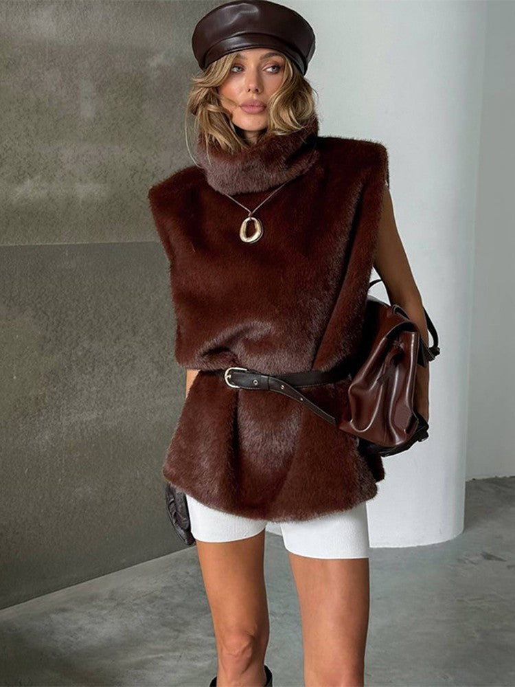 Women Solid Faux Fur Vest Crop Top Fashion Turtleneck Fluffy Short Tank Tops 2025 Winter Lady Elegant Sleeveless Jacket Coat