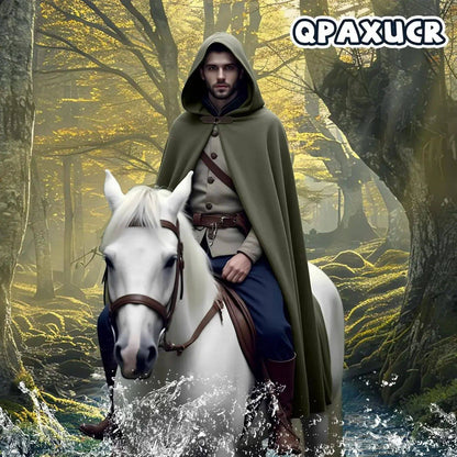Cloak with Hood Men?Medieval Costume Men Round Metal Buckle Cloak with Green Leaf Brooch Necklace for Halloween