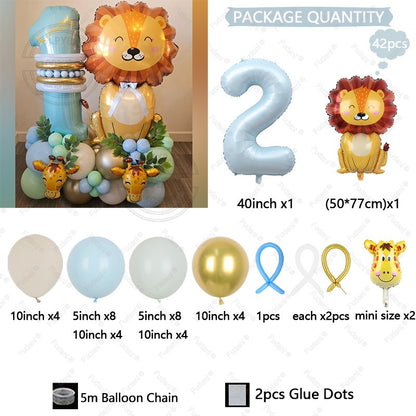 42pcs Mini Giraffe Sitting Lion Balloon 40 inch Baby Blue Number 1-9 Birthday Balloon Set Jungle Animal Theme Party Decoration