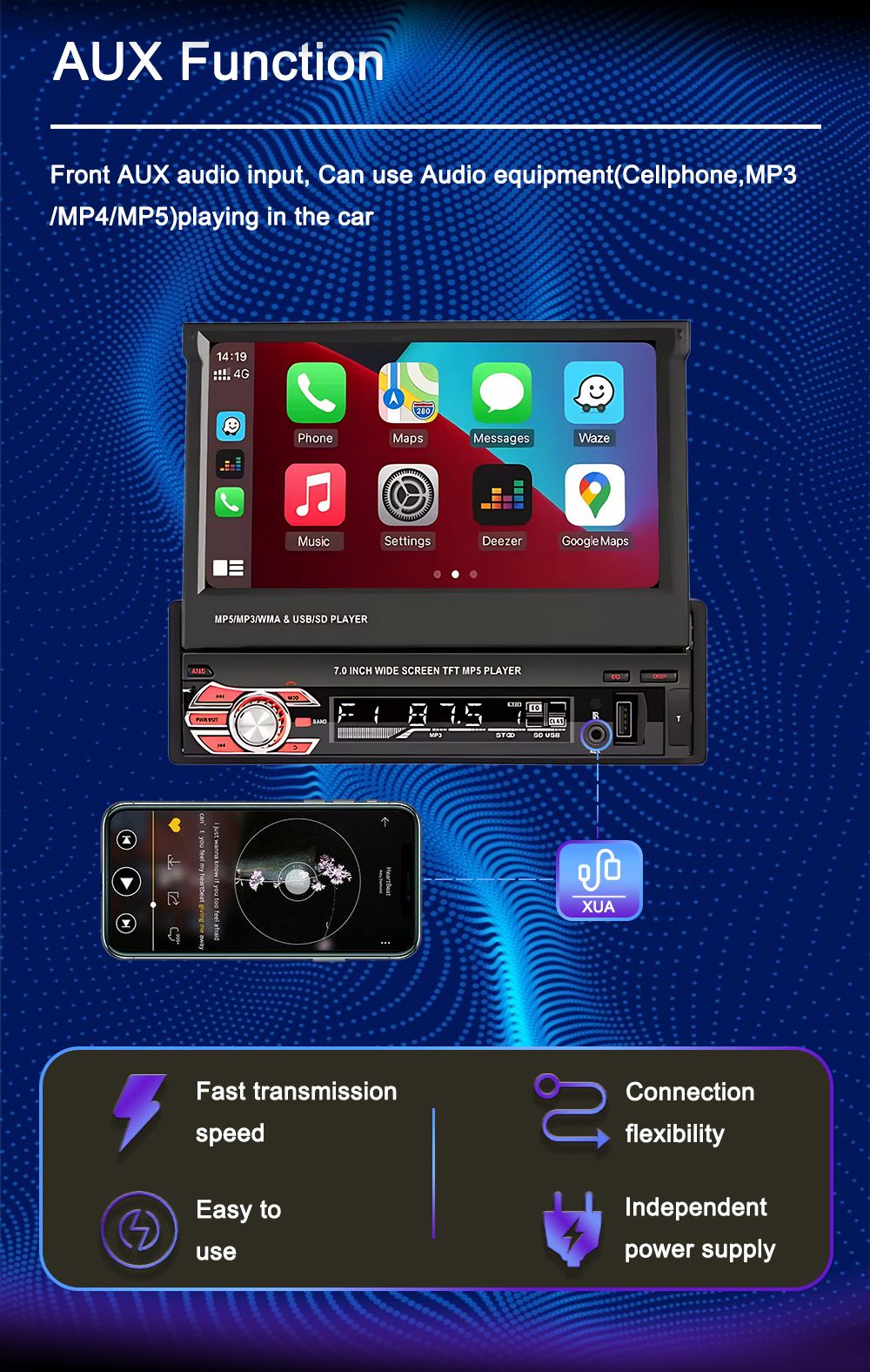 LEHX 1 Din 7inch IPS Retractable Screen Car Radio  Multimedia Player Universal Audio Video Wired CarPlay Android Auto