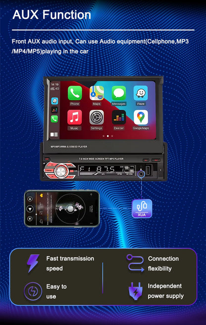 LEHX 1 Din 7inch IPS Retractable Screen Car Radio  Multimedia Player Universal Audio Video Wired CarPlay Android Auto
