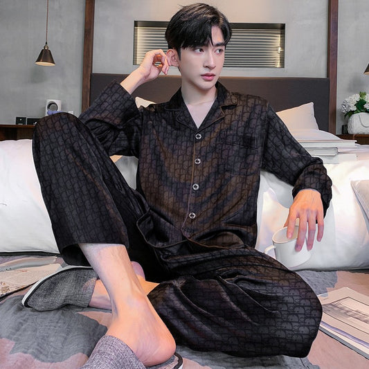 Plus Size Men's Pajama Suit Long Sleeve Silk Jacquard Pattern Premium Black Suit Lapel Top Long Pants Sleepwear Loungewear