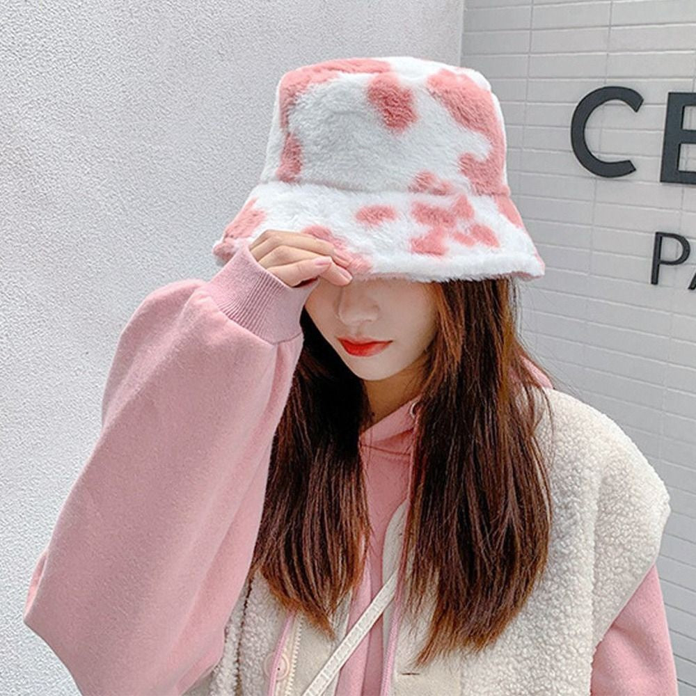Winter Bucket Hat Women's Fashion Milk Cow Grain Panama Warm Hats Female Vintage Faux Fur Fisherman Cap Hats For Women Casual