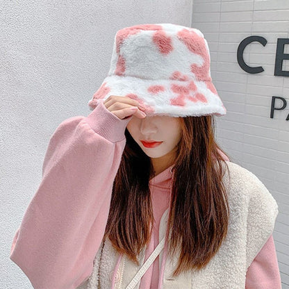 Winter Bucket Hat Women's Fashion Milk Cow Grain Panama Warm Hats Female Vintage Faux Fur Fisherman Cap Hats For Women Casual
