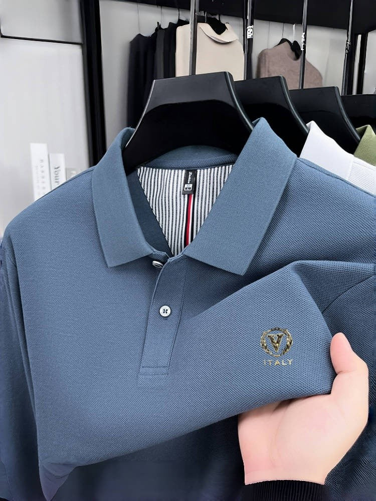 100% pure cotton spring and autumn fashionable men's lapel striped long sleeved polo shirt brand letter V relief design casual T