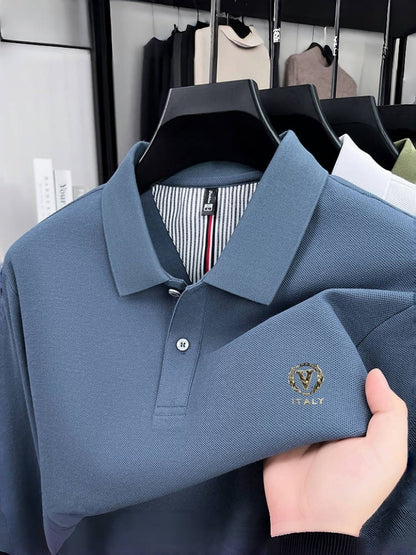 100% pure cotton spring and autumn fashionable men's lapel striped long sleeved polo shirt brand letter V relief design casual T