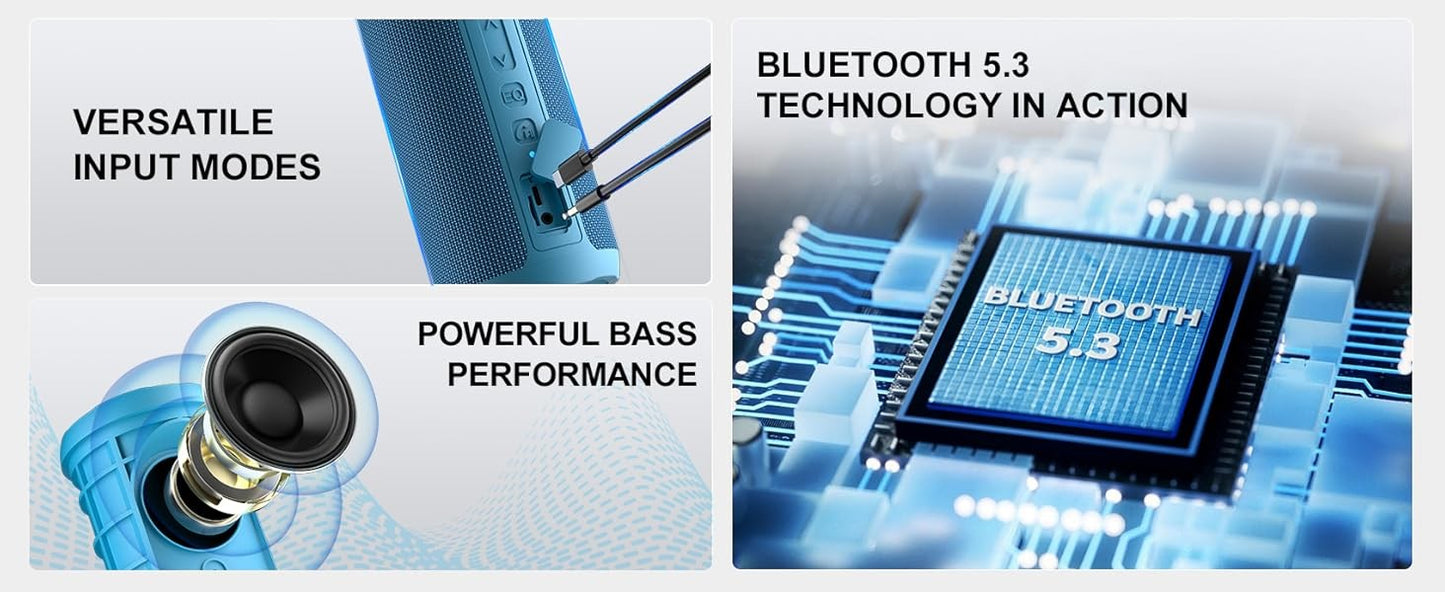 Caixa de Som Portátil Sem Fio Bluetooth 5.3 Ortizan, Graves Potentes, Luzes RGB, À Prova d'Água IPX7, TWS, Entrada AUX e Cartão TF, Ideias para Presente