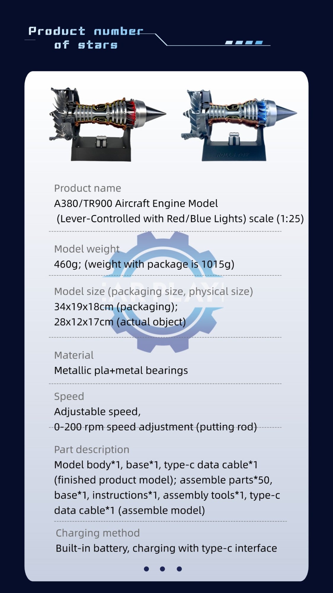 Kit de Modelo de Motor Turbojato com Velocidade Ajustável e Simulação de Chama Traseira para Montagem DIY e Projetos de Ciência