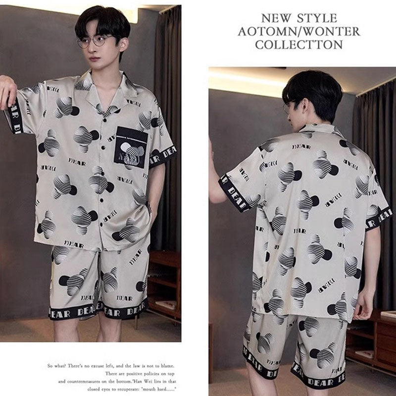 Large Size Men‘s Pajamas Set Ice Silk Cartoon Bear Short-Sleeved Student Two-Piece Button Tops and Pants Youth Student Sleepwear
