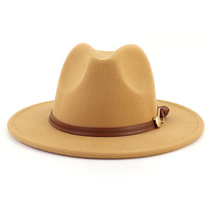 New Brown Belt Buckle Jazz Fedora Hat Autumn Winter Women Men Party Church Top Hat Wide Brim Sun Hat Felt Panama Cap