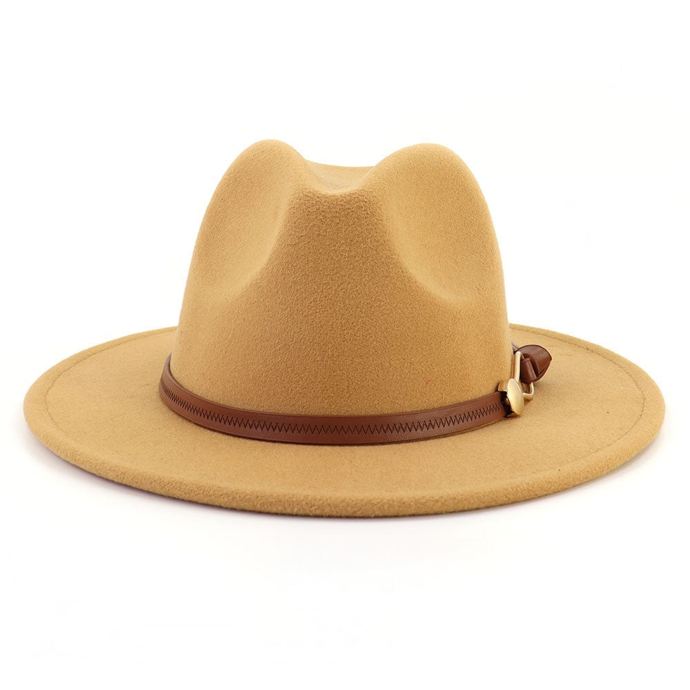 New Brown Belt Buckle Jazz Fedora Hat Autumn Winter Women Men Party Church Top Hat Wide Brim Sun Hat Felt Panama Cap