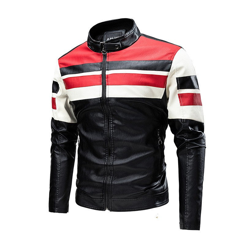 Autumn Men's Stand Collar Color-Block PU Jacket, Black Faux Leather Jackets, Spring Casual Coat. Asian Size Loose Fit Top.