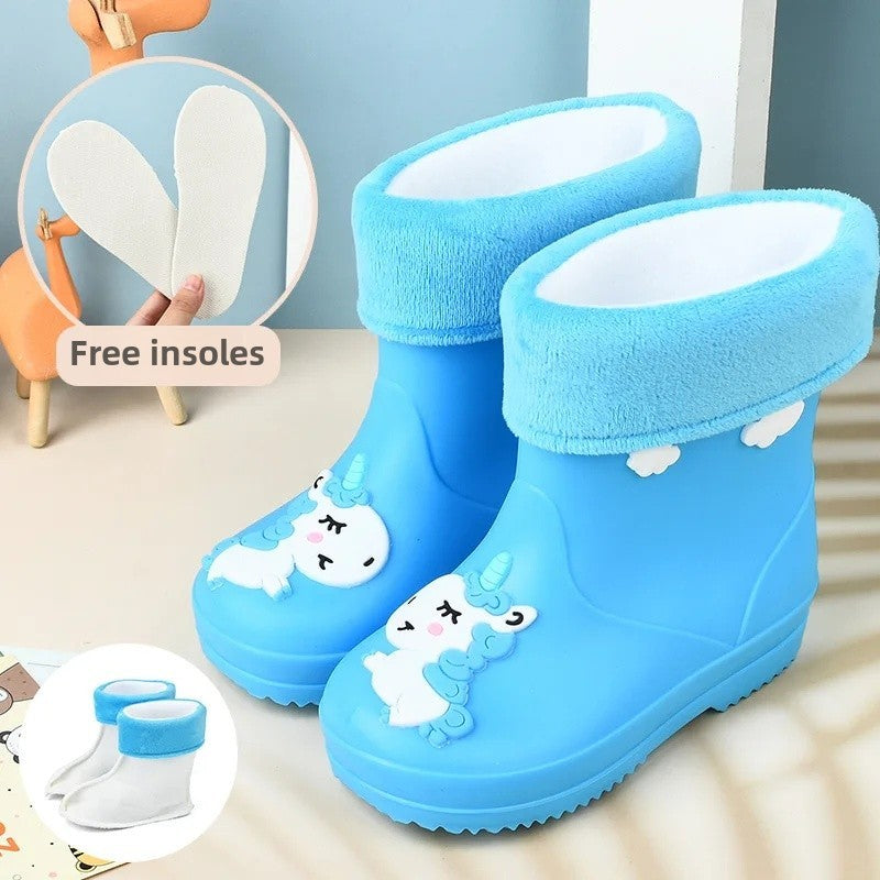Children's Fleece-Lined Non-Slip Rain Boots For Boys And Girls Cartoon Cute Princess Style Anti-Slip Four Seasons Kids Shoes