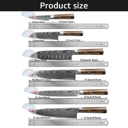 Conjunto de Facas de Cozinha 1-7PÇS Faca de Chef Japonesa Santoku 7CR17 Aço Inoxidável 440C Faca de Imitação de Damasco Cutelo de Carne Fatiador