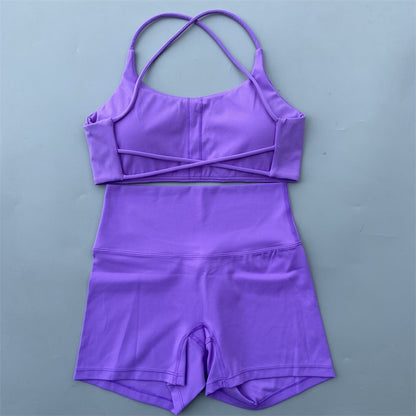 Yoga Shorts Set Gym Two Piece Sports Set Women Workout Outfit Fitness Suit Cross Straps Bra High Waist Shorts Running Tracksuit