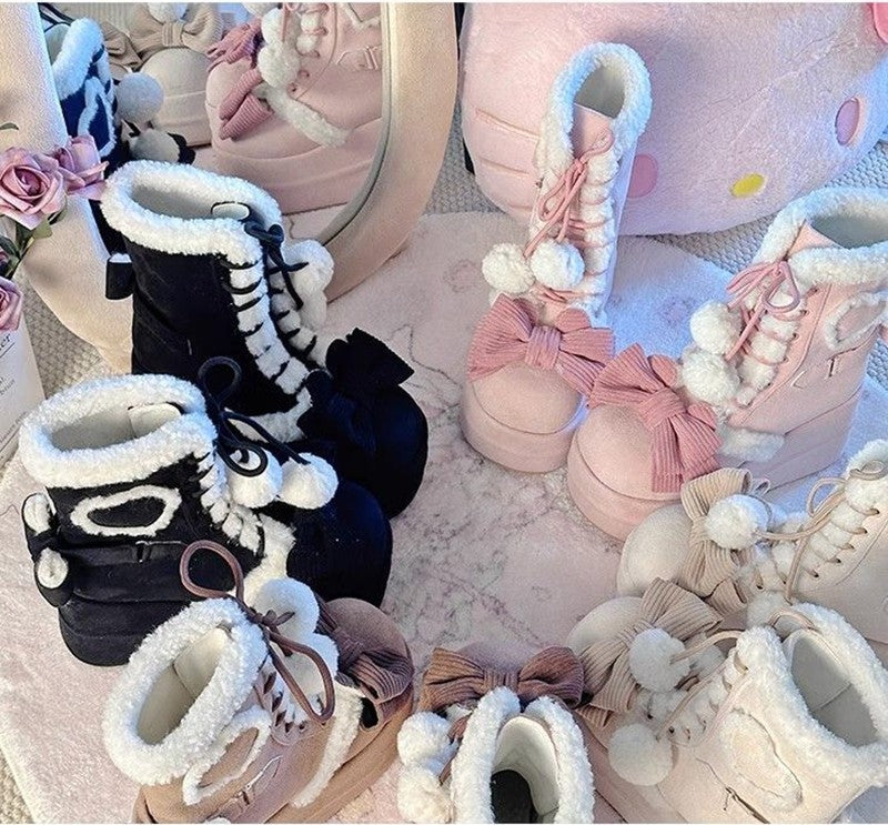 Sweet Winter Girls Lolita Mid-Calf Snow Boots,Cute Female Students Plush Warm Bowknots Lace Up Wedge Heel Heightening Shoes