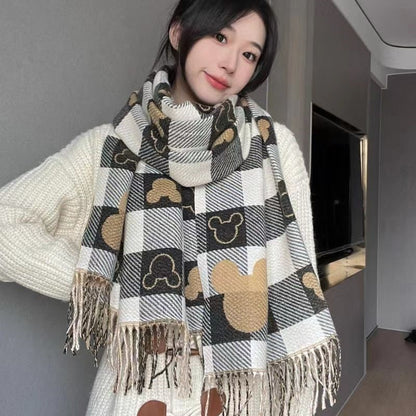 Lenço Feminino Kawaii Disney Mickey Lenço Macio de Caxemira Fofo Desenho Animado Moda Meninas Outono e Inverno Quente Cachecol Grosso Presentes
