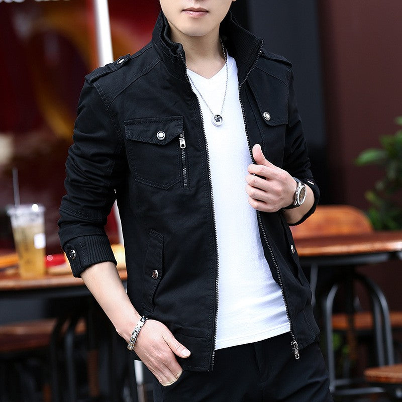 Korean Fashion Stand-up Collar Denim Cargo Coat 2023 Spring Autumn New Men's Jacket Men's Zipper Pocket Stitching Slim Jacket