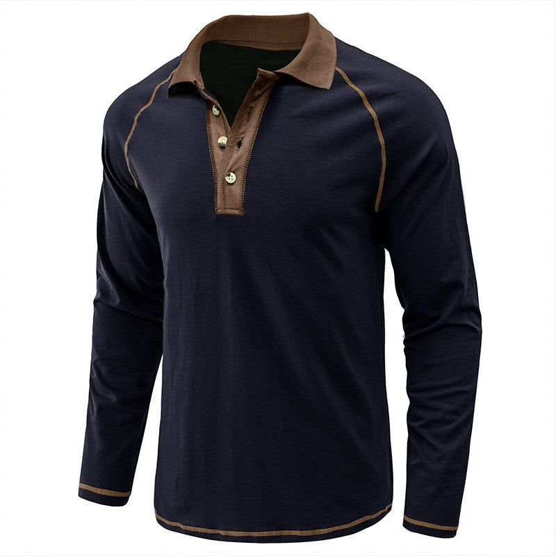 American Men's Autumn Long Sleeve Lapel Henley T-shirt POLO Basic Shirt  Mens Tops