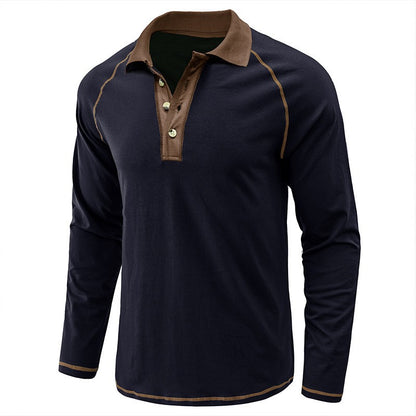 American Men's Autumn Long Sleeve Lapel Henley T-shirt POLO Basic Shirt  Mens Tops