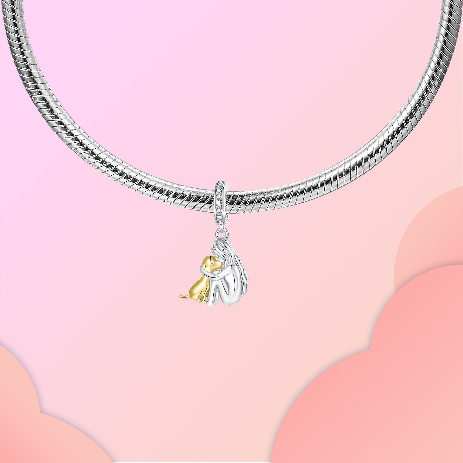Girl & Dog Hugging Dangle Charm S925 Sterling Silver Two tone pendants Fit Original Bracelet Making Pet Lovers’ Bracelet Gift