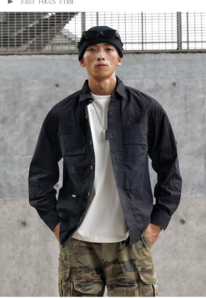 Vintage Patchwork Design Men Autumn Tactical Function Cargo Shirts Y2K High Street Techwear Style Long Sleeve Tops camisetas