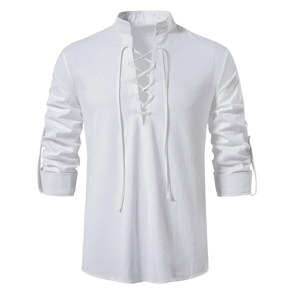 King Billion Men's Shirts Casual Men Cotton Linen Long Sleeve T-shirt Spring Autumn Vintage Shirt US Size Drawstring Neck