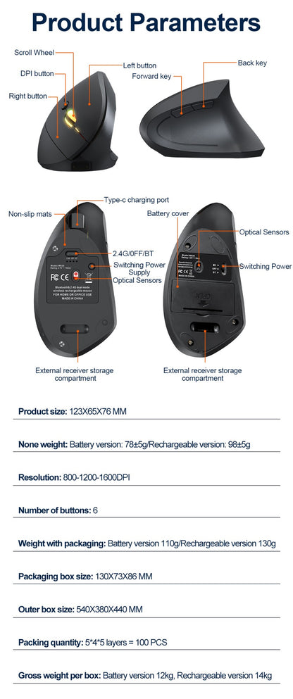 2.4GHz Bluetooth Wireless Mouse Rechargeable Vertical Mice Ergonomic 3Adjustable 1600DPI 6Buttons for Laptop PC Computer Desktop