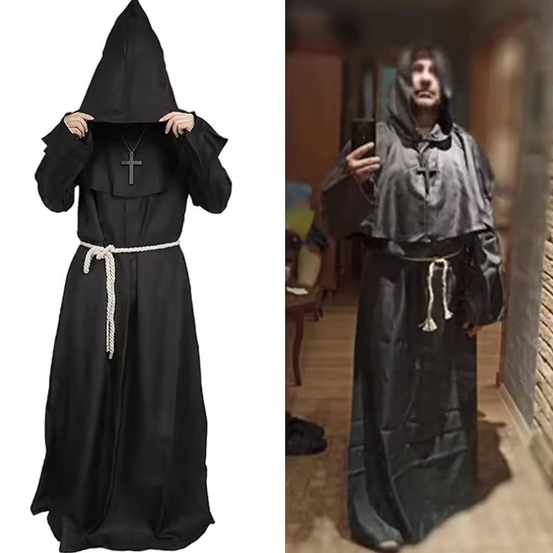 Retro Priest Robe Halloween Cosplay Costume Wizard Fancy Punk Cloak Mask Medieval Monk Robe Hooded Monk Cowl
