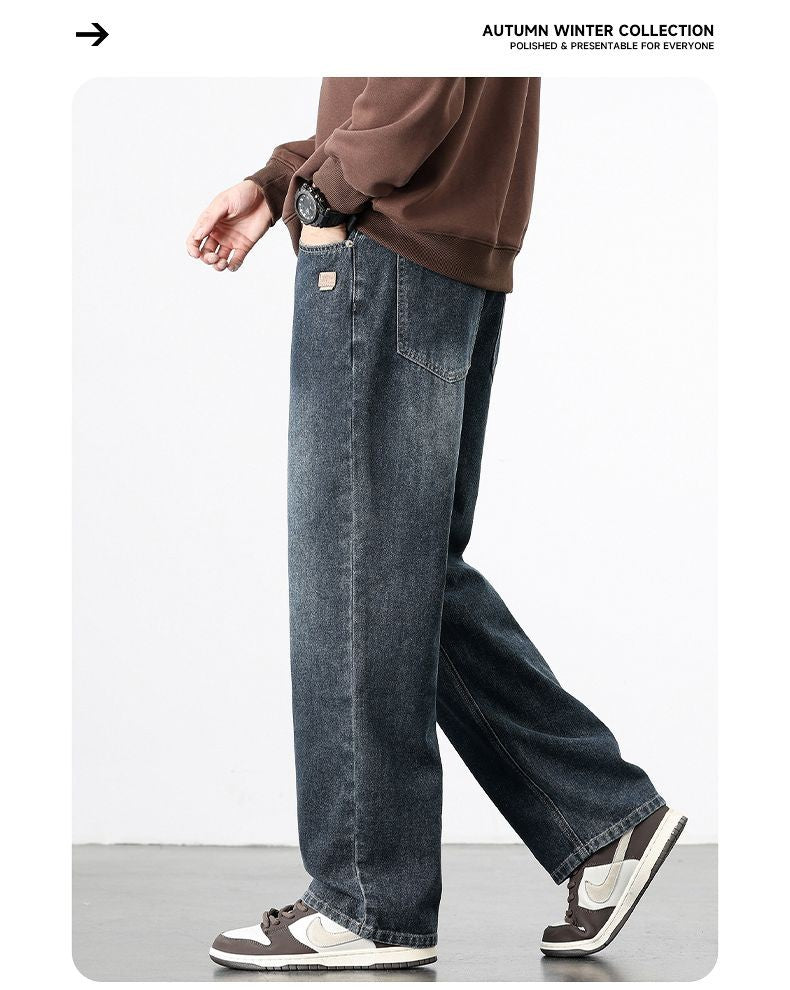 Calça Jeans Masculina Reta Vintage de Primavera Outono Calça Casual de Alta Qualidade Masculina Coreana Moderna Folgada de Perna Larga