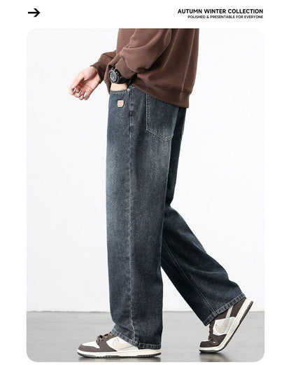 Calça Jeans Masculina Reta Vintage de Primavera Outono Calça Casual de Alta Qualidade Masculina Coreana Moderna Folgada de Perna Larga