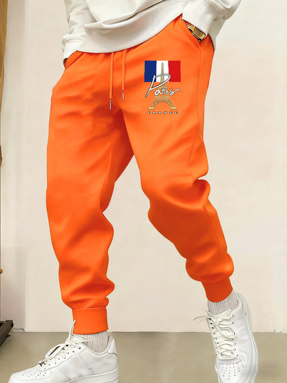 Calça de Moletom Masculina Estampada Torre Eiffel Paris França Bolso Y2K Cintura Elástica Calça Versátil Outono Moda Casual