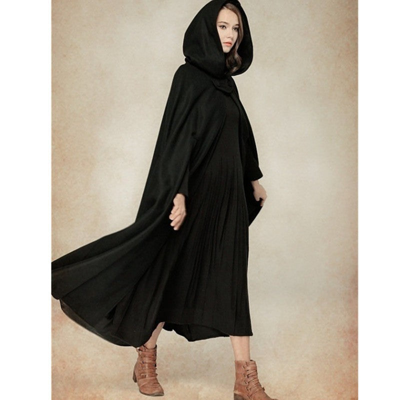 Caped Woolen Overcoat 2025 Europe Five Colors Hooded Shawl Lengthened Cloak Overcoat Woolen Overcoat Woman Windbreaker