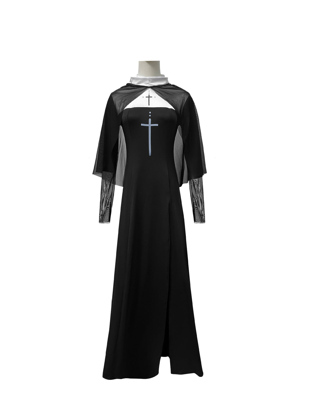 Sexy Nun Cosplay Costume Gothic Black Split Long Dress with Head Veil Halloween Carnival Party Fancy Dress for Women Nun