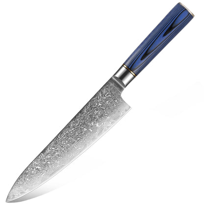 Conjunto de Facas de Cozinha 1-7 Peças, Aço Damasco Ultra Afiado para Chefe, Pão, Santoku, Desossar, Utilitárias, Lâmina com Padrão de Rosa Cabo G10 Azul
