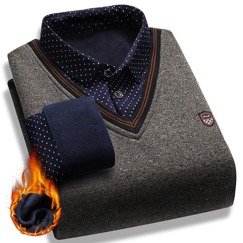 Men's Fleece Lining Sweater Autumn Winter Pullover Polo Shirt Collar Fake Two Piece Thick Warm Top Clothes Casual Knitwear
