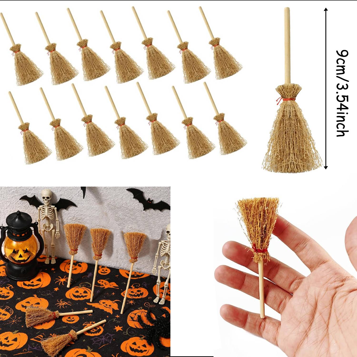 10-50Pcs Mini Witch Hat with Mini Broom Miniature Straw Brooms with Red Rope for Halloween Party Craft Witches Decor Accessory
