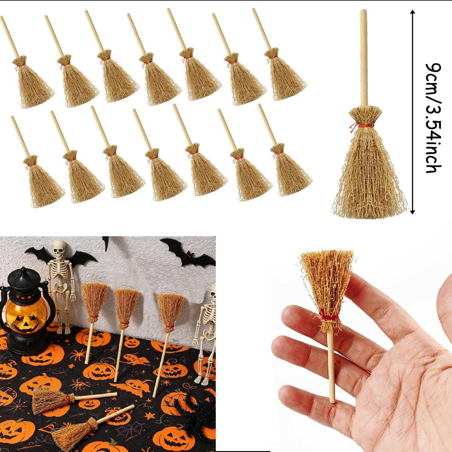 10-50Pcs Mini Witch Hat with Mini Broom Miniature Straw Brooms with Red Rope for Halloween Party Craft Witches Decor Accessory