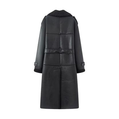 Women's Coat 2025 Autumn New Style Black Long-Sleeve Leather and Fur Integrated Coat with Belt High-End Outerwear Elegant