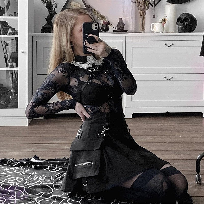 High Waist Black Skirts Harajuku Punk Gothic Women Sexy Patchwork Bandage Mini Female Streetwear Black Skirt