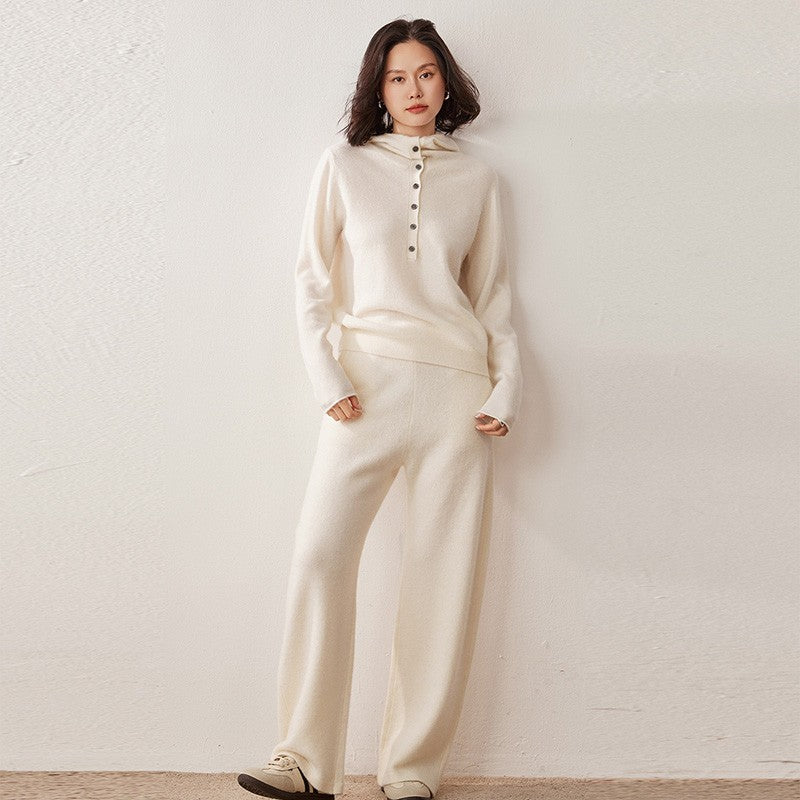 Autumn Winter New 100% Pure Cashmere Women Half Open Front Hoodie Set Knitted Two Piece Pullover Knitwear Wide Leg Pants