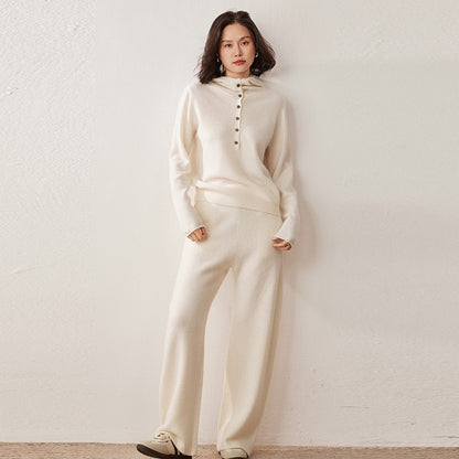 Autumn Winter New 100% Pure Cashmere Women Half Open Front Hoodie Set Knitted Two Piece Pullover Knitwear Wide Leg Pants