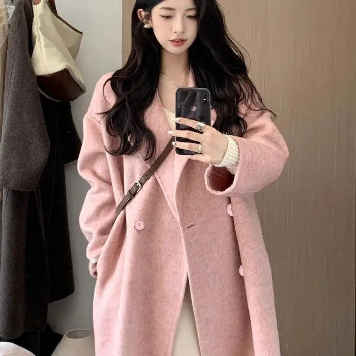 Oatmeal Color Woolen Coat Women's Loose Mid-Length Korean Style Autumn Winter New Arrival Fashion Outerwear Pure Color Full Slee