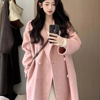 Oatmeal Color Woolen Coat Women's Loose Mid-Length Korean Style Autumn Winter New Arrival Fashion Outerwear Pure Color Full Slee