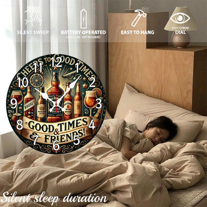 Beer & Whiskey Wooden Round Silent Hanging Wall Clock, Suitable For Living Room, Office, Study Room, Bedroom, Home Decoration