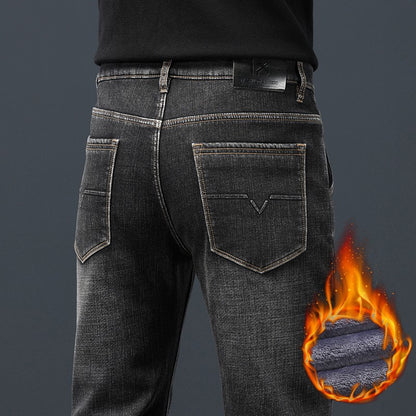 2024 Winter Warm Jeans Men's Fleece Thickened Slim Straight Trousers Fashion Stretch Cotton Casual Denim Pants Brand Clothes