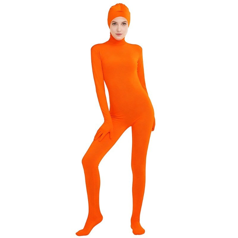 Open Split Orange Full Wrap Bodysuit Spandex Stretch Jumpsuit Adult Variety Show Halloween Cos and Body-fit Role Play Apparel